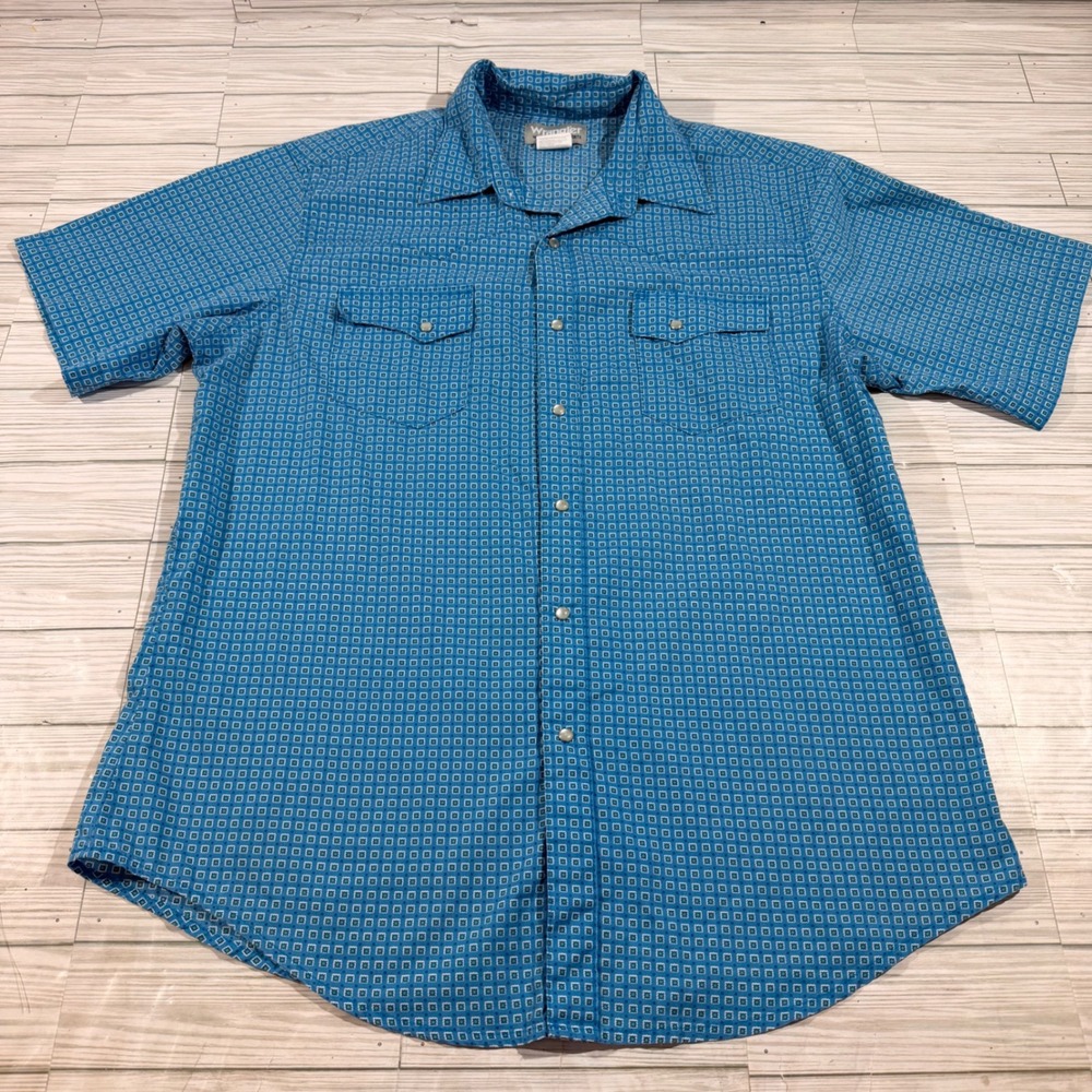 Wrangler Wrancher Mens Blue Geometric Pearl Snap Western Shirt MTW1446 Large